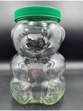 Vintage Kraft Peanut Butter Glass Jar Piggy Bank Bear Canadian Clear Green Read